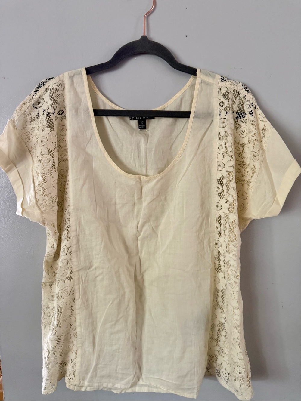 Volcom Cream Lace Panel Boho Blouse – Short Sleeve Scoop Neck Top